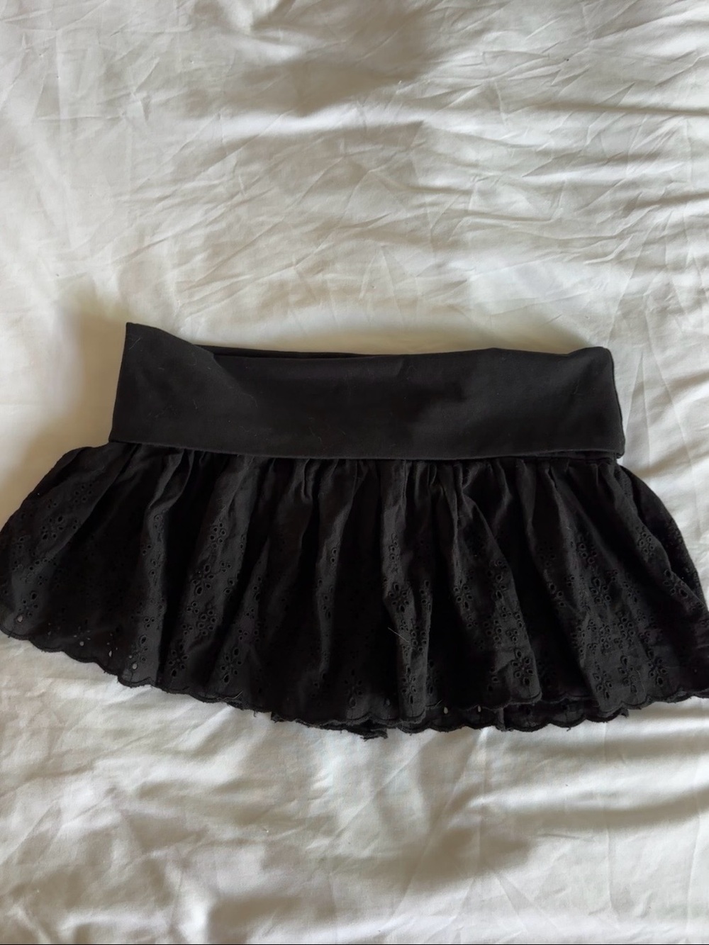 Black Eyelet Mini Skirt with Fold-Over Waistband
